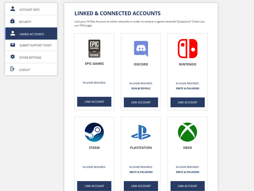 An image showing the place to link accounts in Smite 2, which shows the logos for Epic Games, Discord, and several other services.