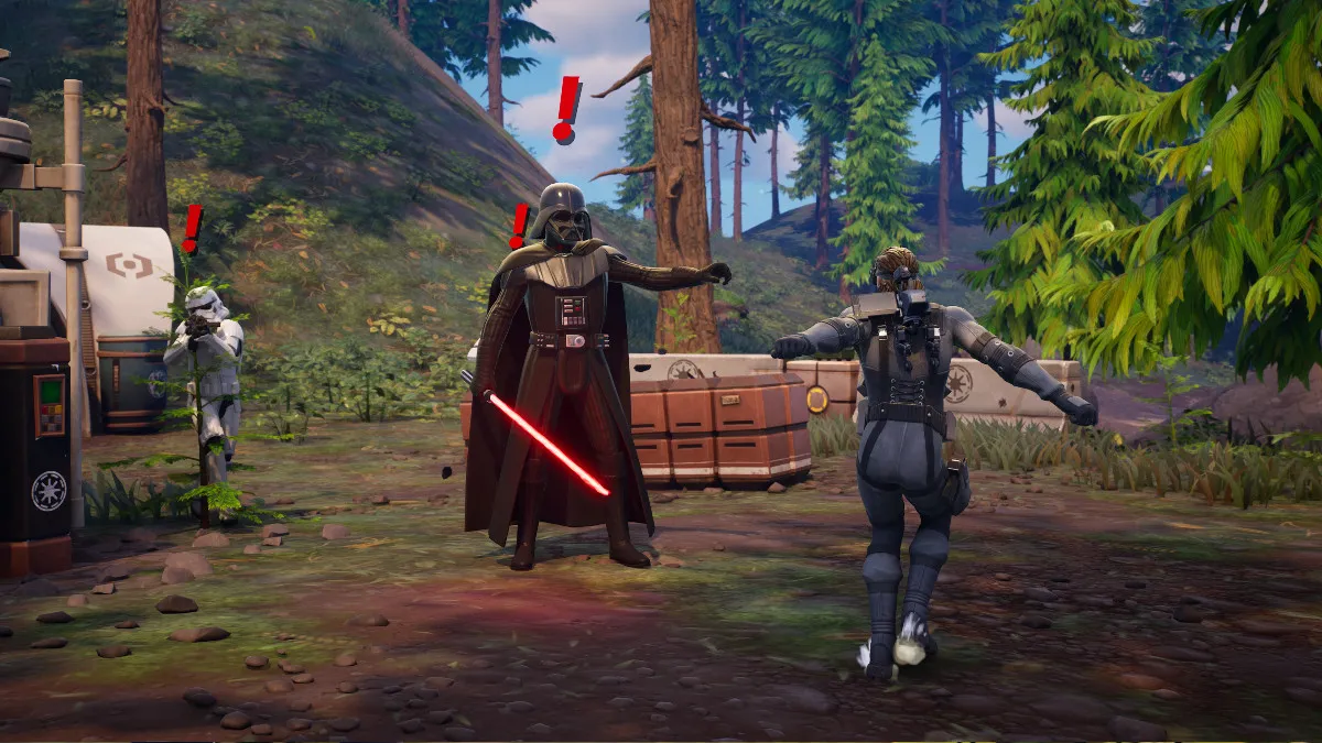 Solid Snake hitting the Griddy in front of Darth Vader and Storm Troopers in Fortnite