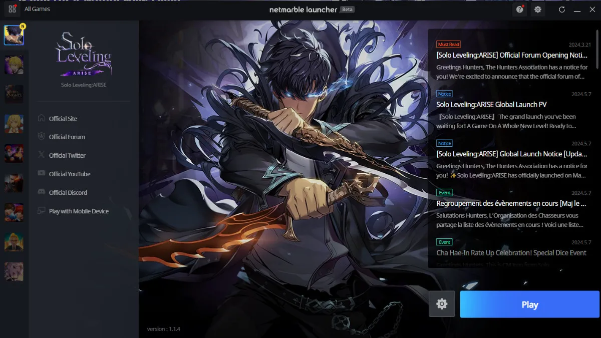 A photo showing the Netmarble Launcher, with Solo Leveling: Arise as the main game on offer