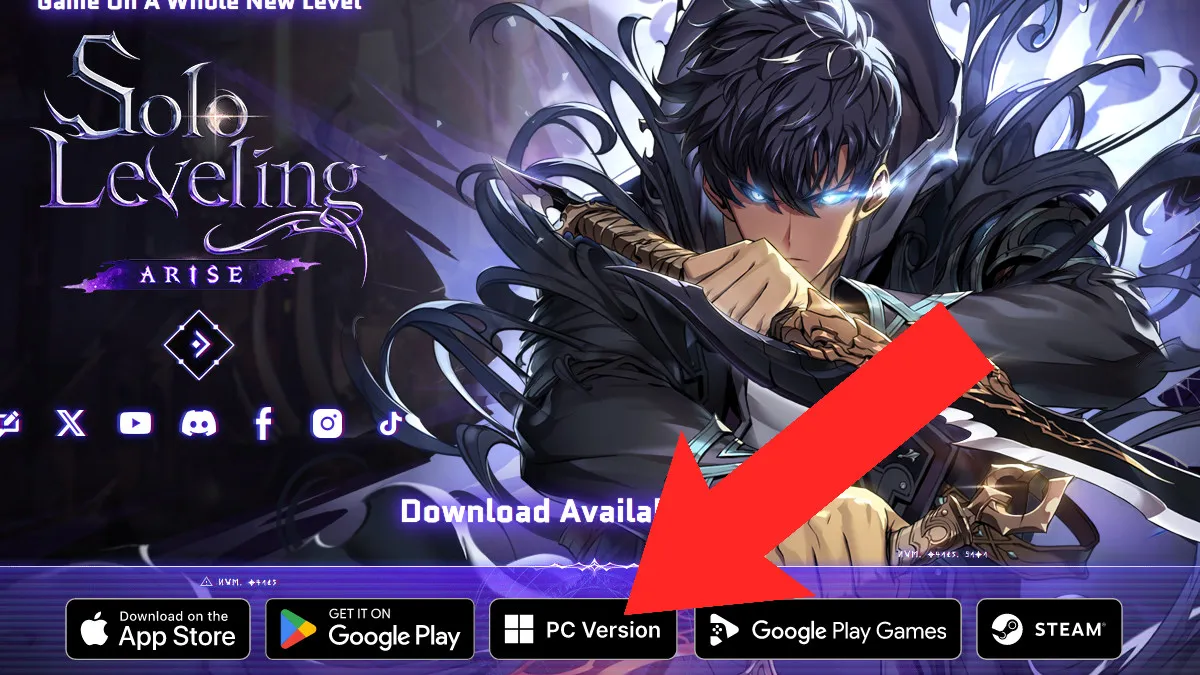 The Solo Leveling: Arise Webpage with all available download options, with a red arrow pointing to the PC Download