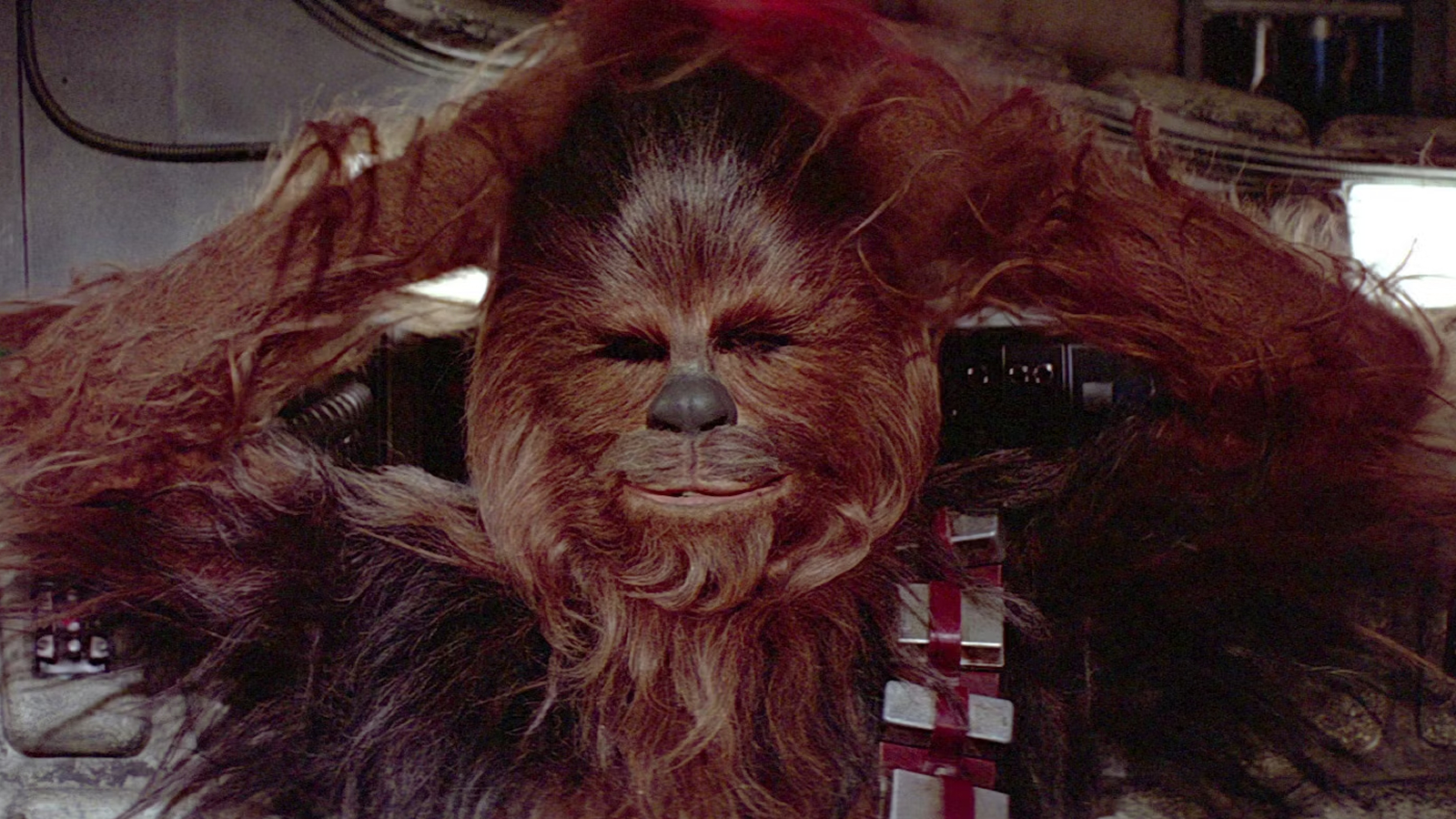 Chewbacca with his hands behind his head in Star Wars: A New Hope