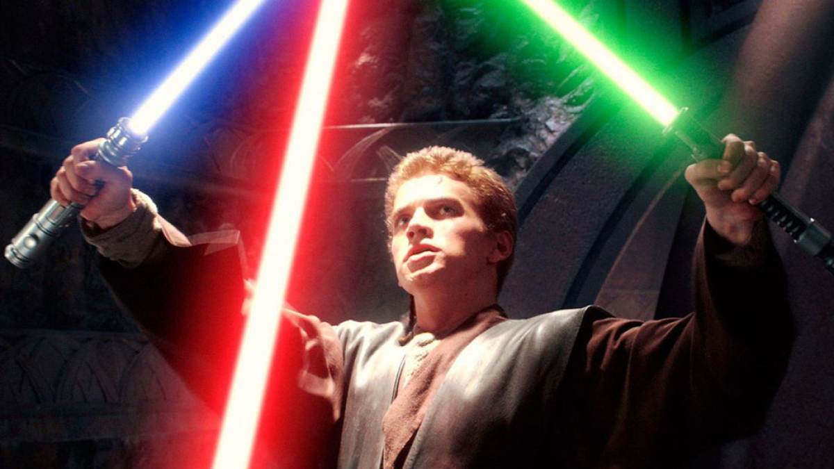 Anakin Skywalker dual-wielding lightsabers in Star Wars: Attack of the Clones