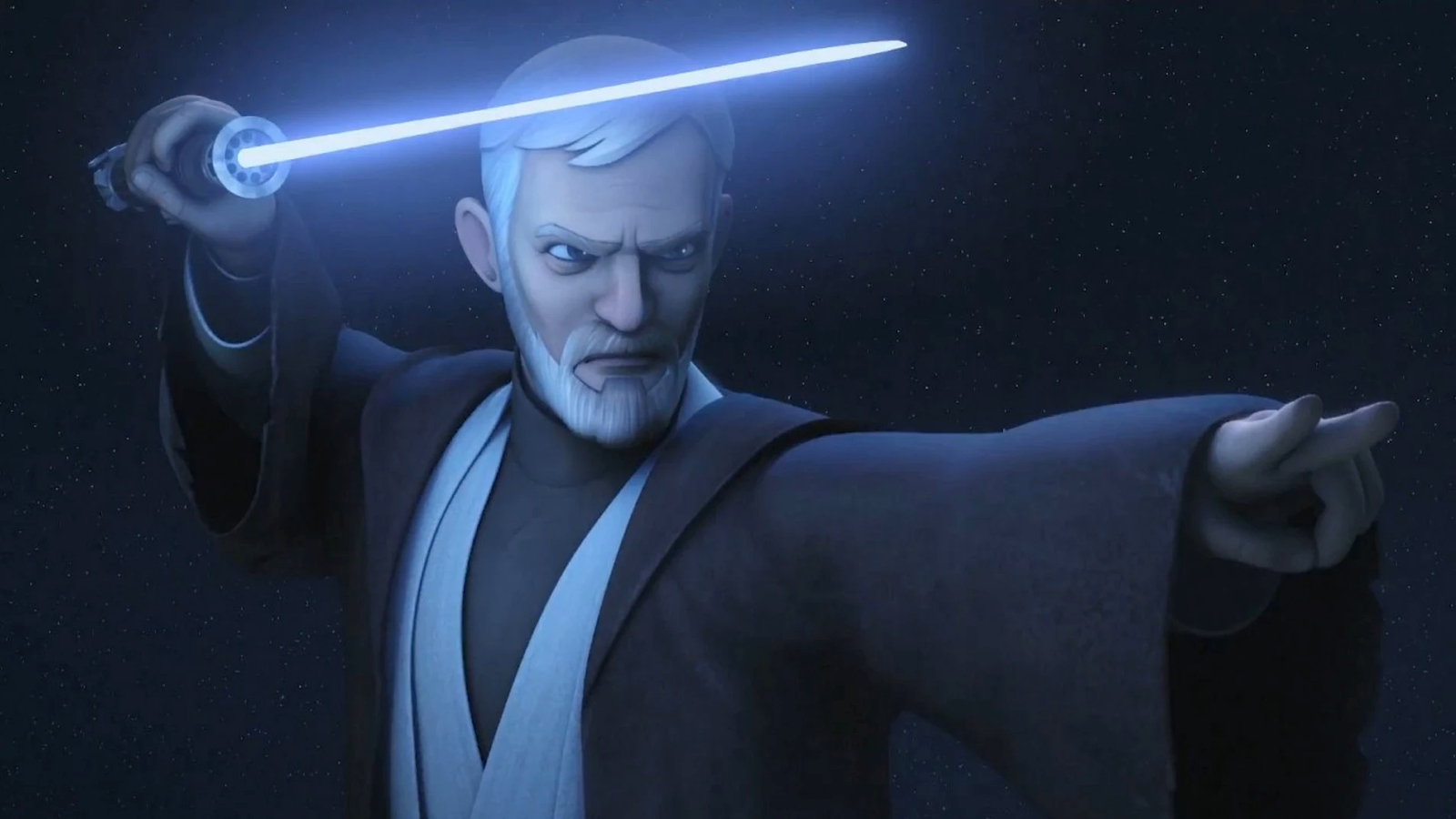 Obi-Wan Kenobi poses with his lightsaber in Star Wars Rebels Season 3, Episode 20, "Twin Suns"
