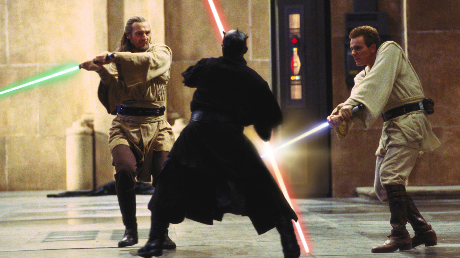 Qui-Gon Jinn, Darth Maul, and Obi-Wan Kenobi duel in Star Wars: The Phantom Menace