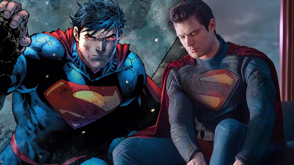 Jim Lee art of Superman's New 52 costume and David Corenswet as Superman