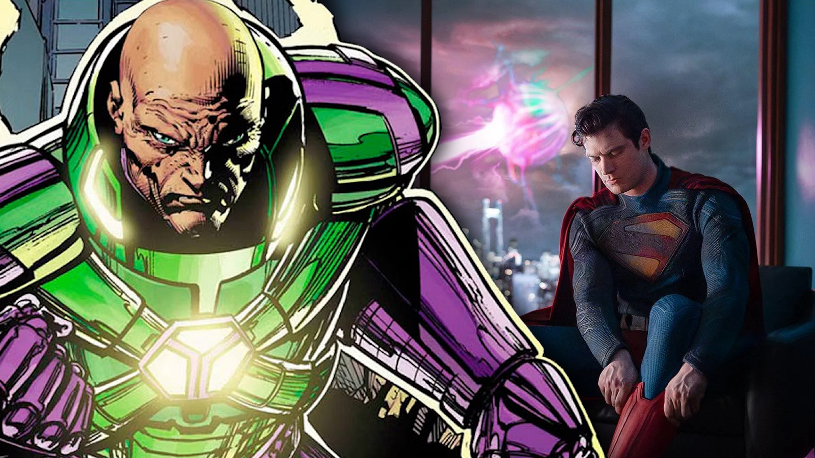 Comic book artwork of Lex Luthor's power suit combined with David Corenswet's Superman reveal image