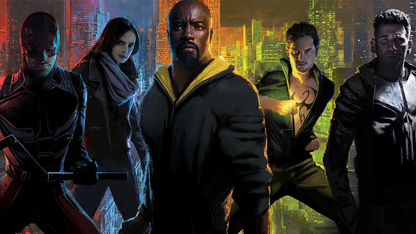 Key art for the Defenders featuring Daredevil, Jessica Jones, Luke Cage, Iron Fist, and the Punisher.