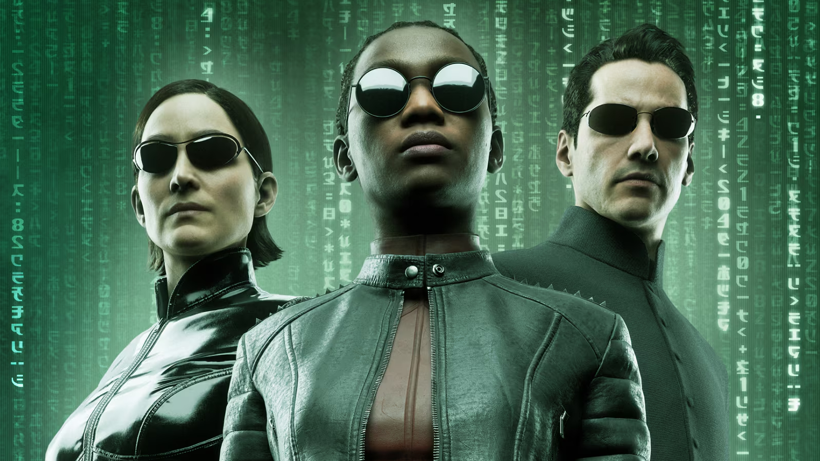 Trinity, IO, and Neo in cropped key art for The Matrix Awakens