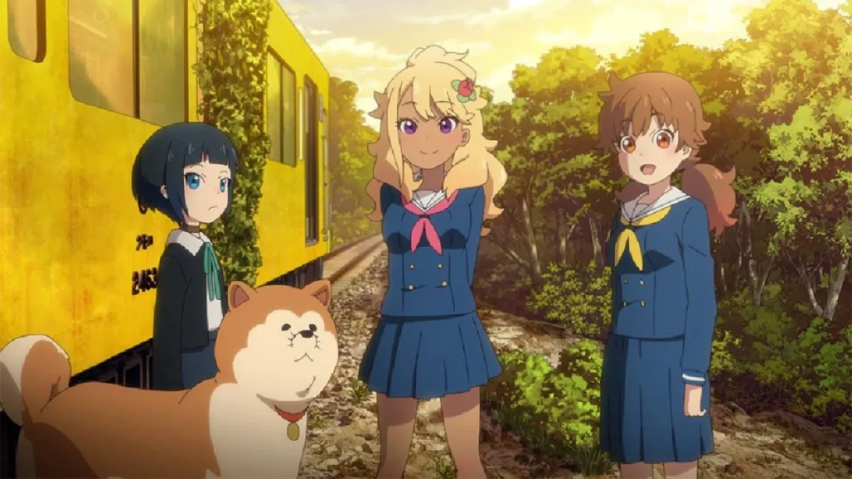 Three characters and a dog standing in front of a yellow train with a wooded backdrop