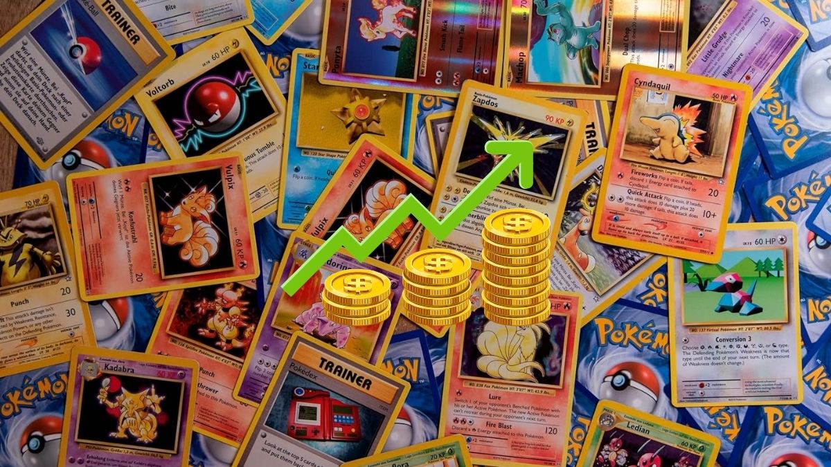 Image of many Pokemon cards spread out over the background, with an increasing stock symbol in front