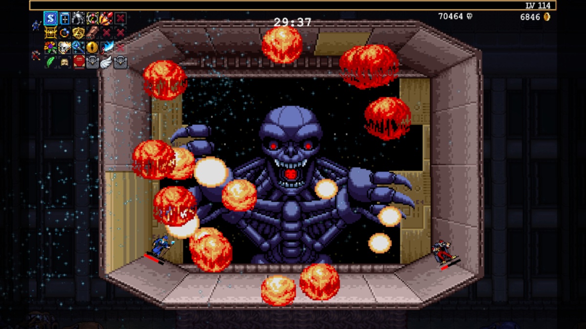 Vampire Survivors screenshot of Big Fuzz exploding on the Neo-Galaga stage