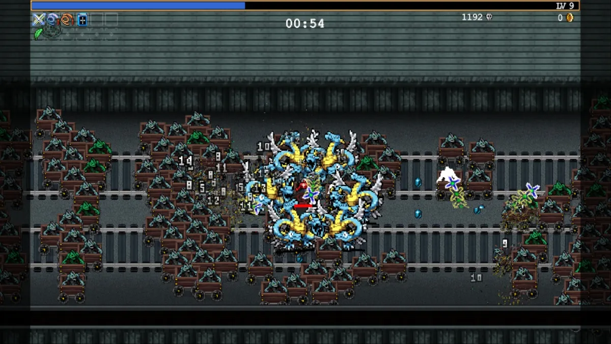 Vampire Survivors screenshot of tri-anchors circling a coffin in the carlo cart stage