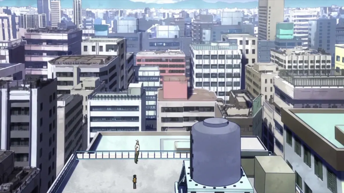 My Hero Academia character looking out at city buildings