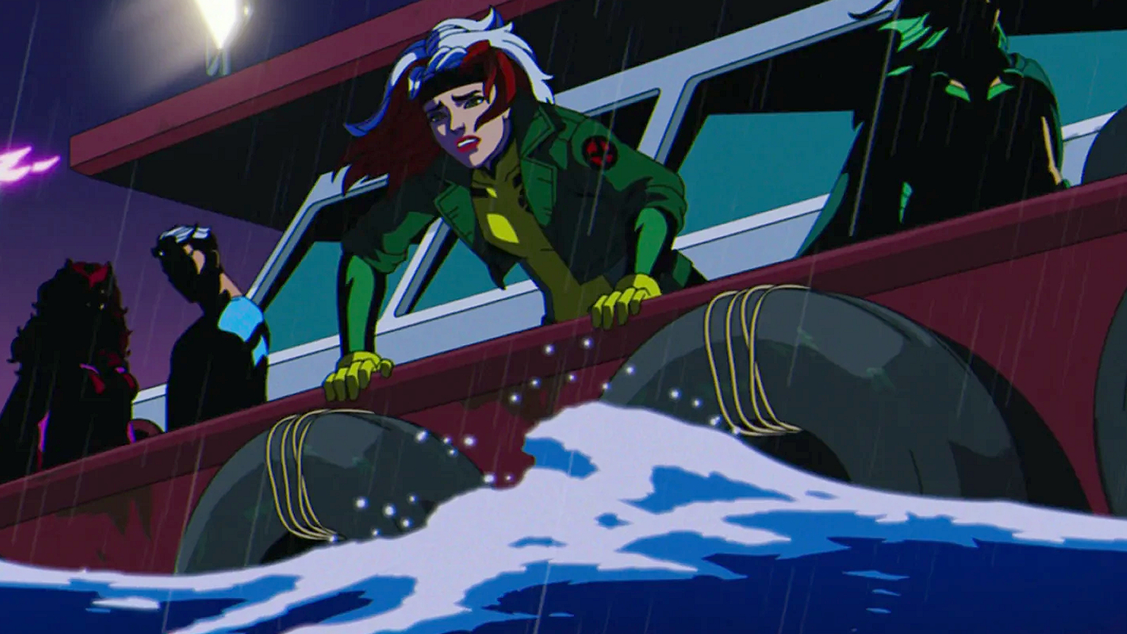 Rogue, Scarlet Witch, Quicksilver, and Polaris on a boat in X-Men '97, Season 1
