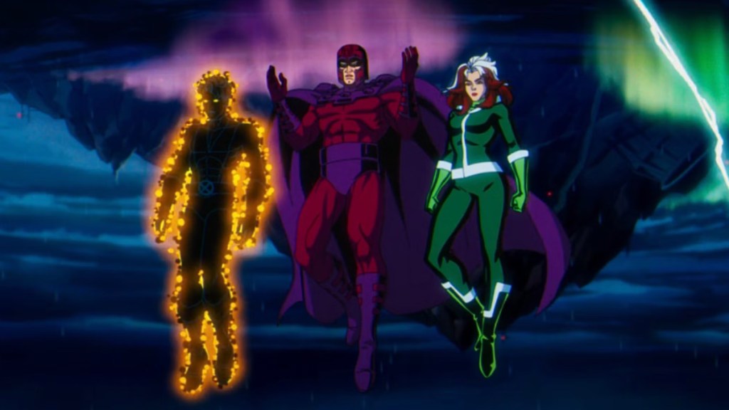 Sunspot, Magneto, and Rogue float in front of Asteroid M in X-Men '97 Season 1, Episode 9