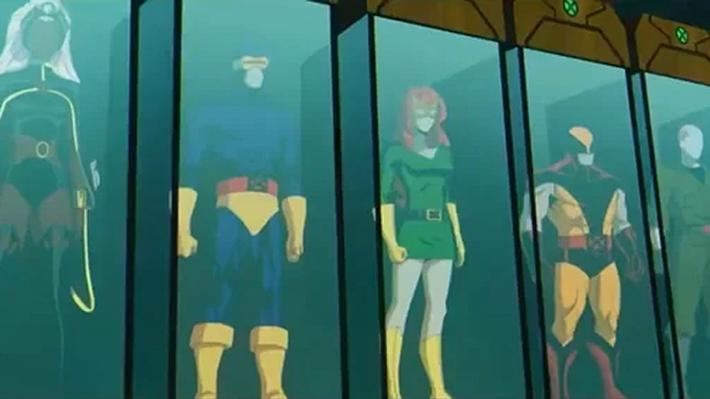 Classic X-Men costumes in glass cases in X-Men '97 Season 1, Episode 9