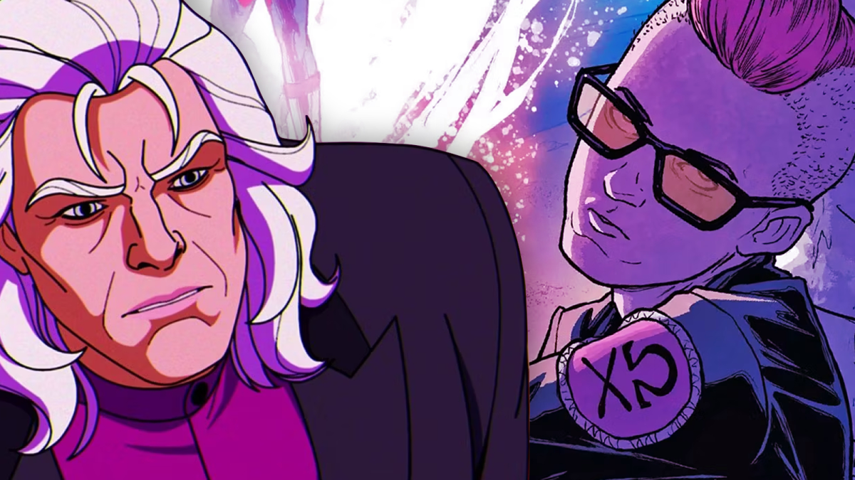 A still of X-Men 97's Magneto combined with comic book artwork of Quentin Quire