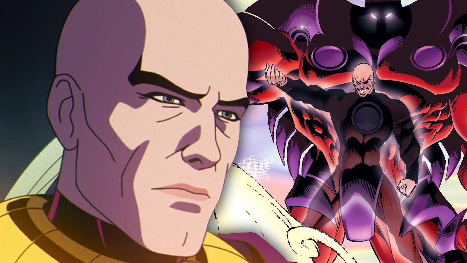 Professor X in X-Men '97 Season 1 and comic book artwork of Onslaught