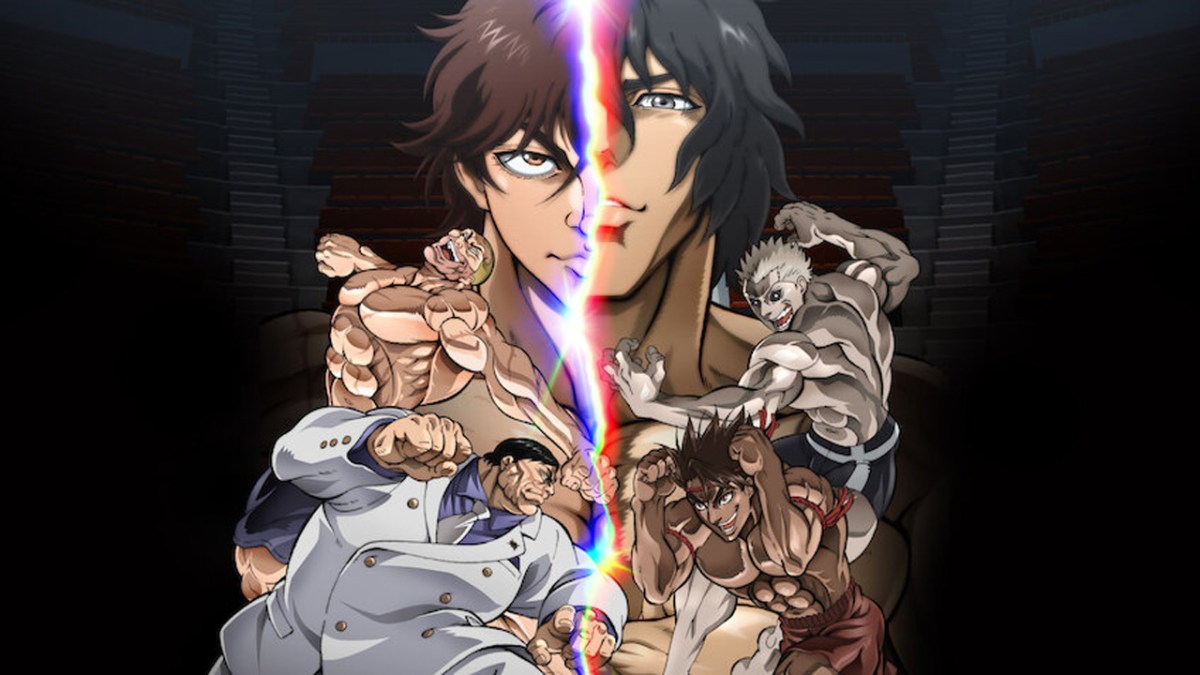 Art for Baki Hanma VS Kengan Ashura, with several fighters from both franchises, in artwork split down the middle