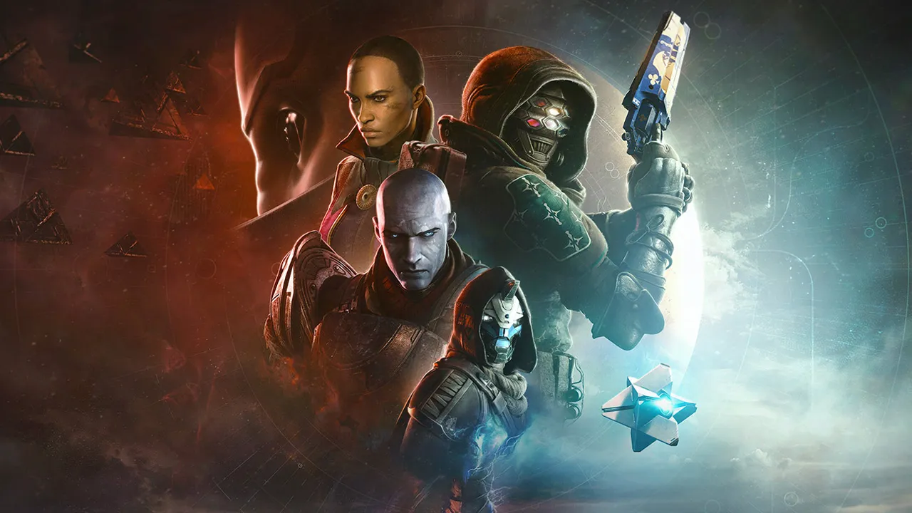 Destiny 2: The Final Shape, several armed Destiny 2 characters shown from the waist up against a foggy/red background.