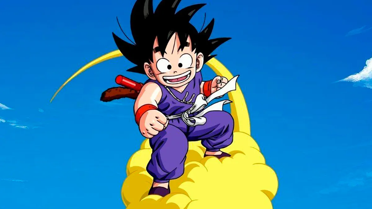 Goku rides his flying nimbus cloud