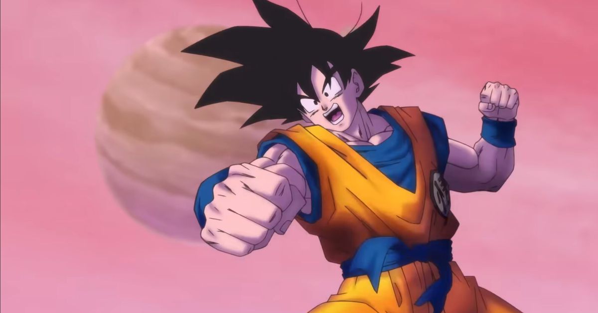 Goku enters a fighting position on an alien world