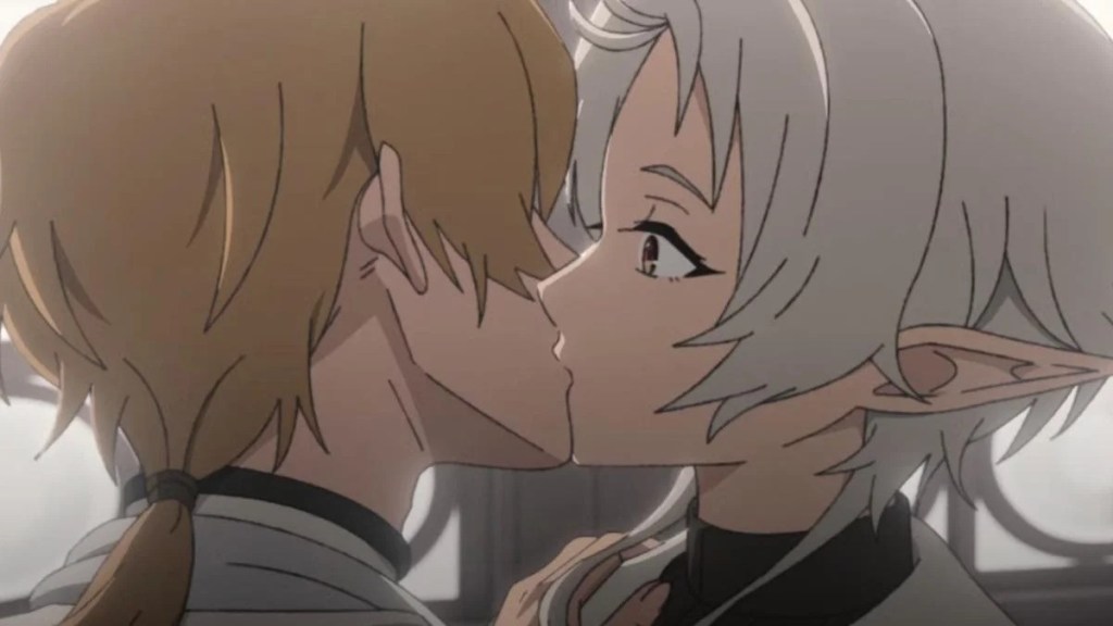 Two characters kissing in Mushoku Tensei: Jobless Reincarnation Season 2, Episode 18.