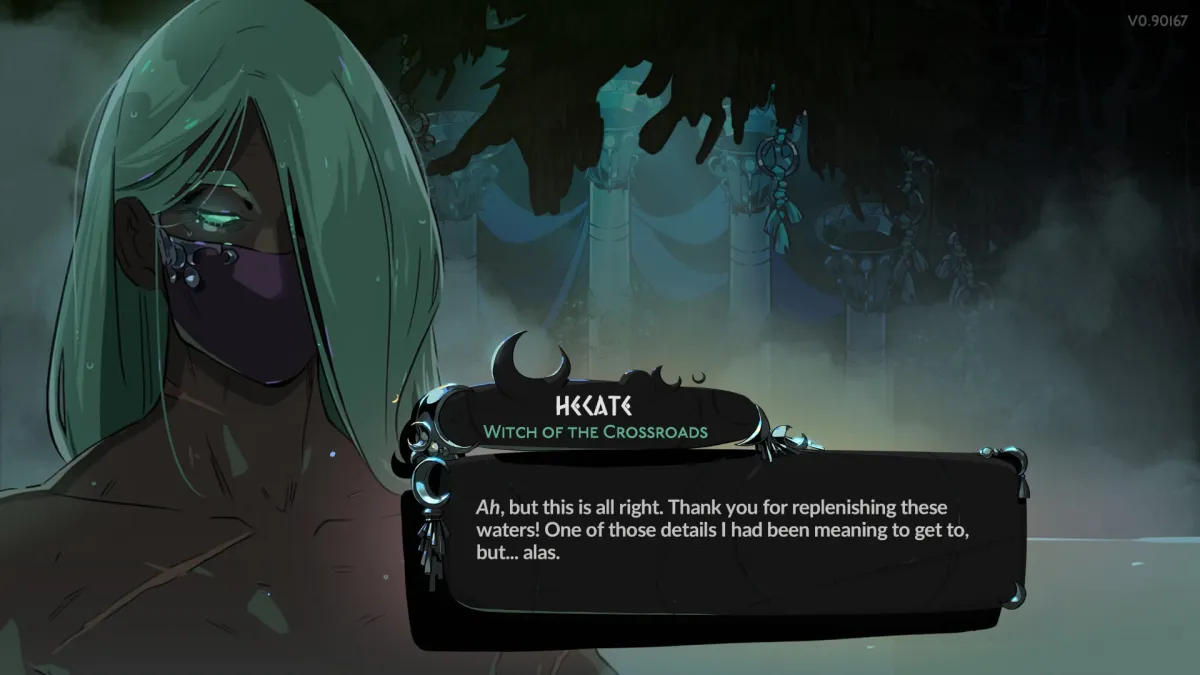 Image of Hecate in the hot springs in Hades 2 