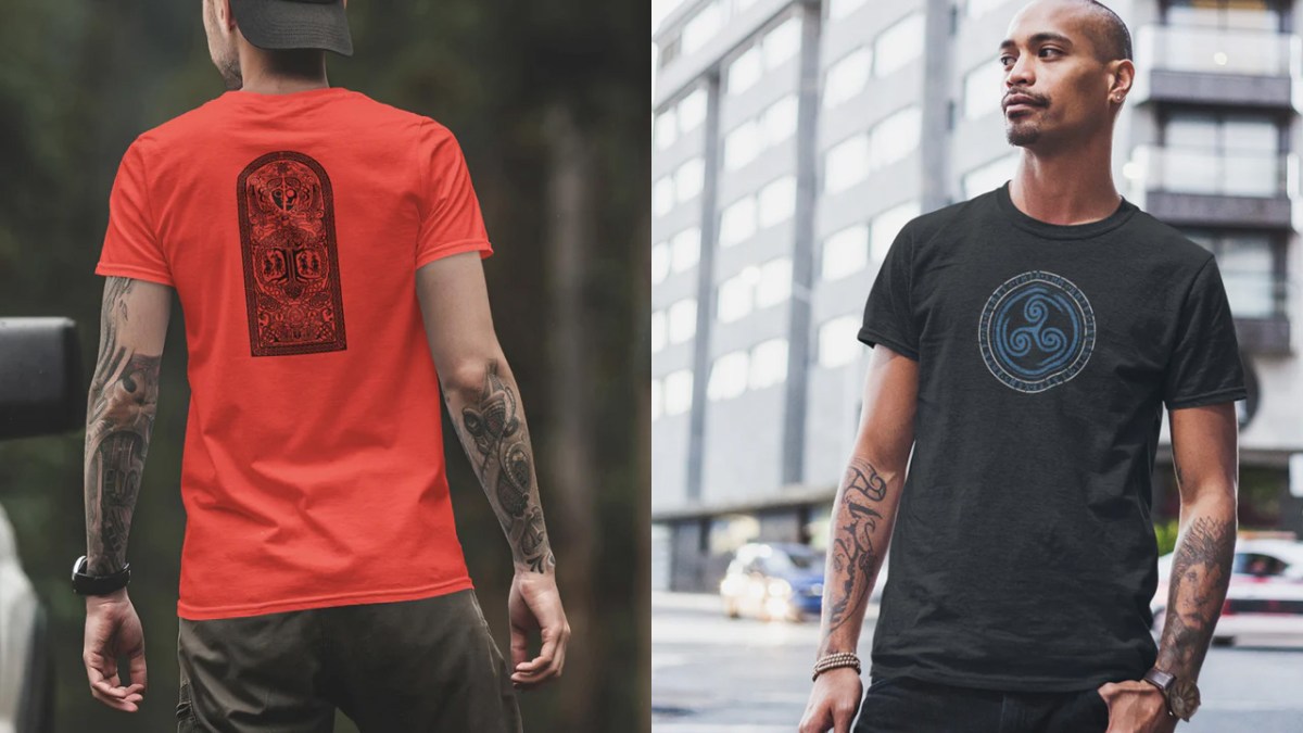 Two people wearing Hellblade merchandise, one a red shirt, the other a black t-shirt. Both have symbols from the games on them. This image is part of an article about all the pre-order bonuses and editions for Hellblade: Senua's Sacrifice 2.