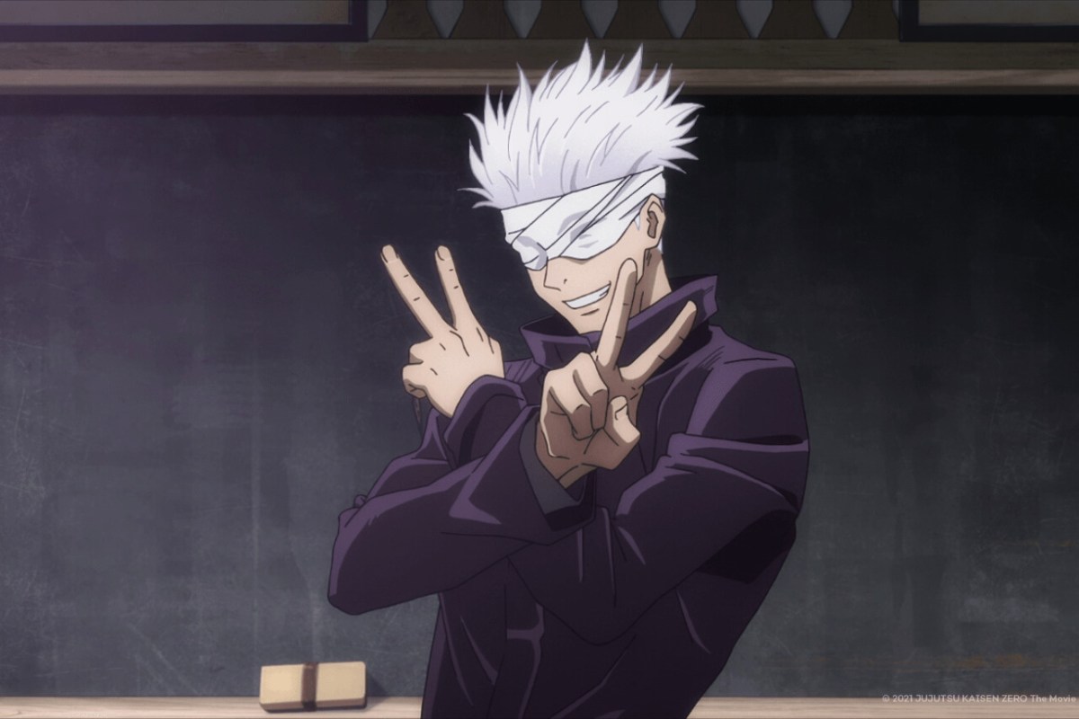 Gojo flashes peace signs in a classroom