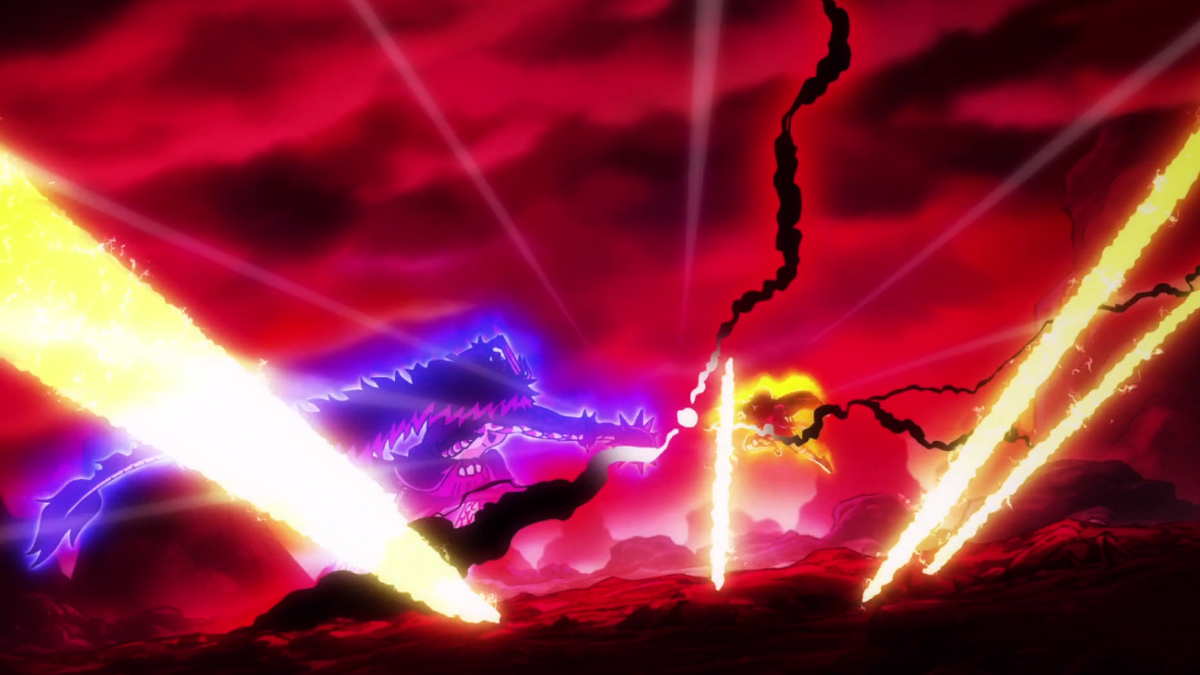An image showing Luffy fighting Kaido in One PIece as part of a guide to which episodes they battle in.