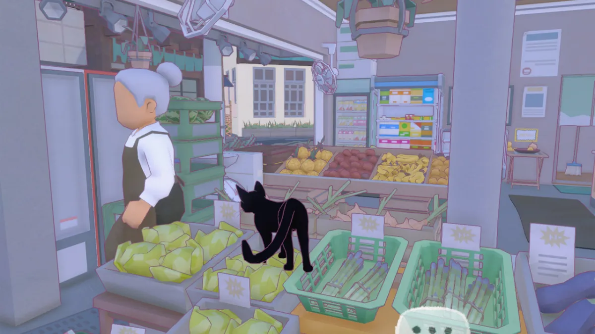 Little Kitty, Big City, a cat in a supermarket, standing on some fruit.