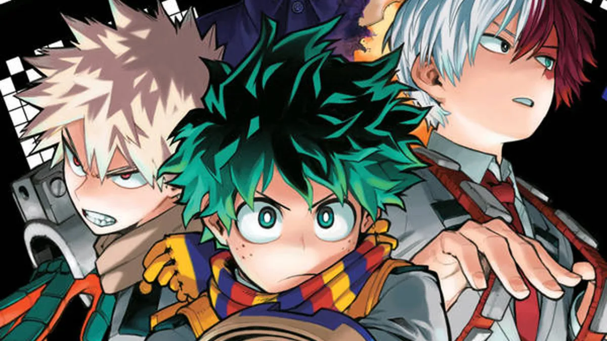 My Hero Academia hero Izuku Midoriya, a green hair young boy, with two other characters.