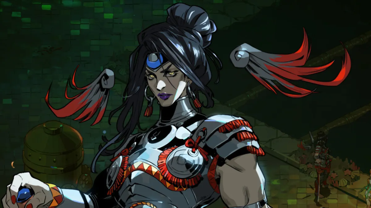 Nemesis, a heavily armoured woman, in Hades 2.