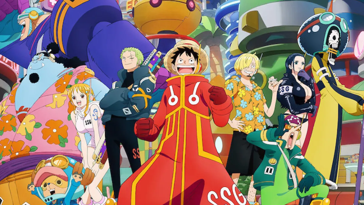 The One Piece Anime, with Monkey D. Luffy in the center, wearing his straw hat and a red costume, and other characters around him.
