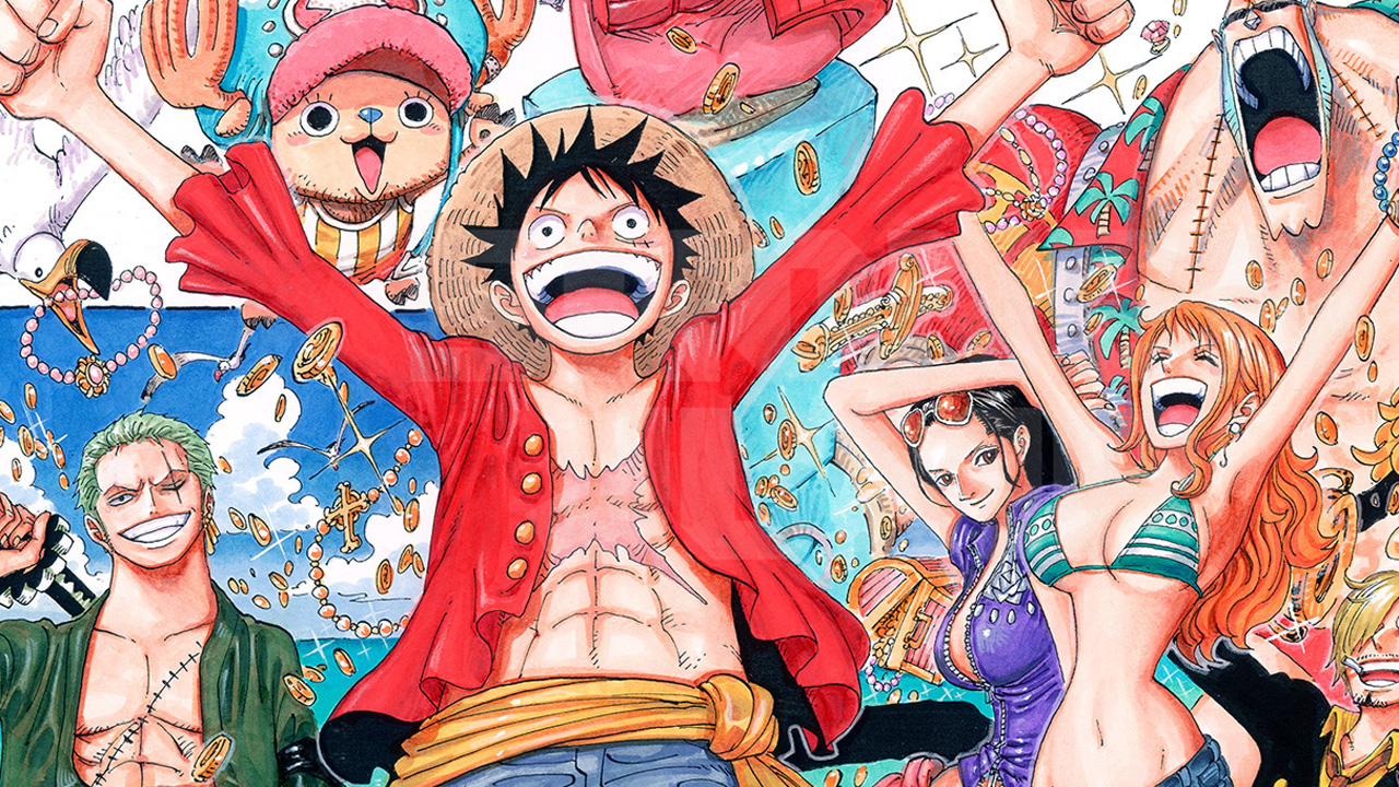 One Piece, with Straw Hat Pirate Monkey D. Luffy stretching his arms out and other characters behind him.
