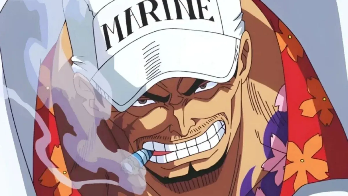 Akainu/Sakazuki smoking a cigar. This image is part of an article about the 10 strongest one piece characters, ranked.