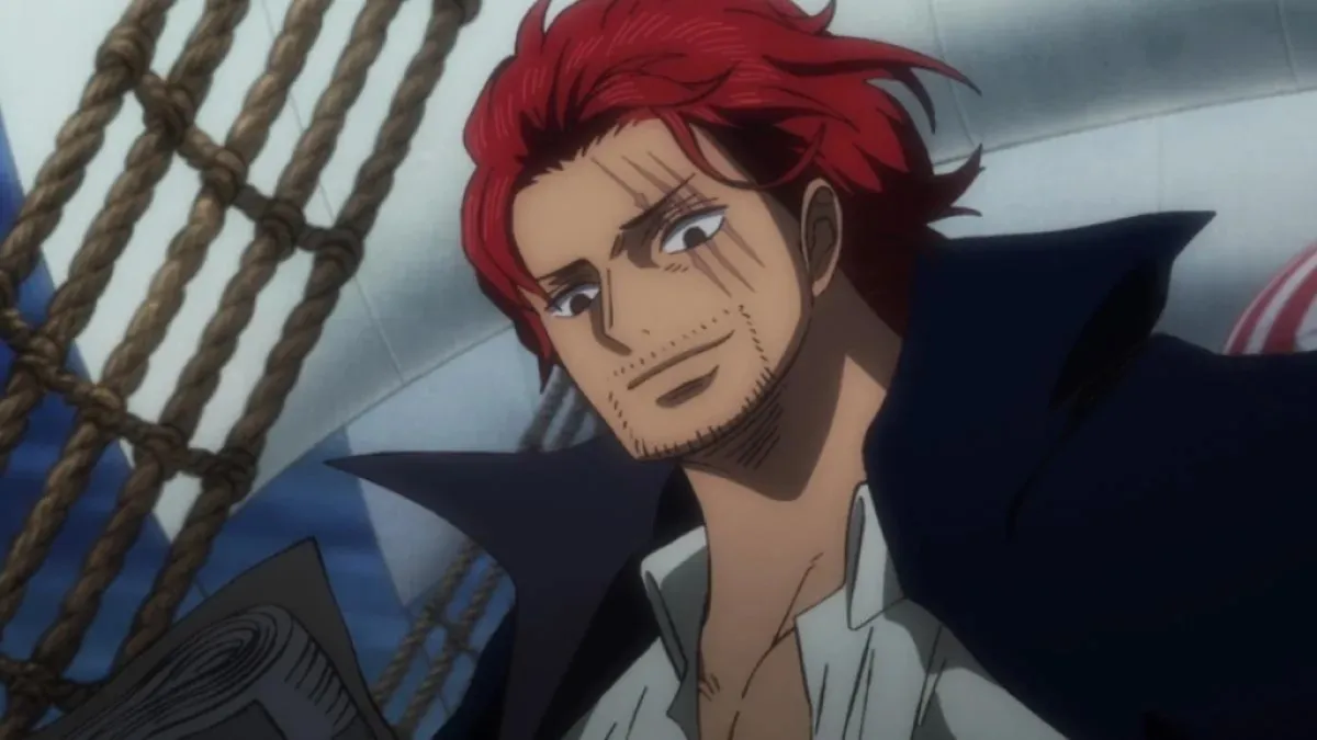 Shanks looking down. This image is part of an article about the 10 strongest one piece characters, ranked.