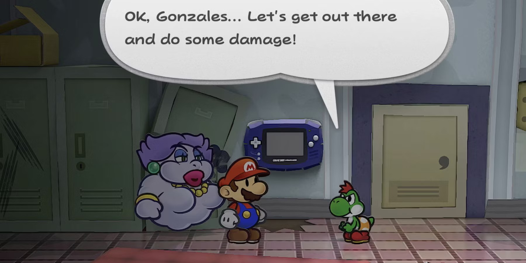 Mario meeting a green Yoshi in Paper Mario: The Thousand-Year Door