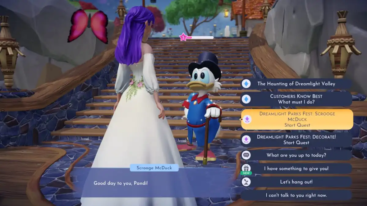 Image of character speaking to Scrooge McDuck and selecting the Park Fest option. This image is part of an article about all cupcake recipes in Disney Dreamlight Valley.