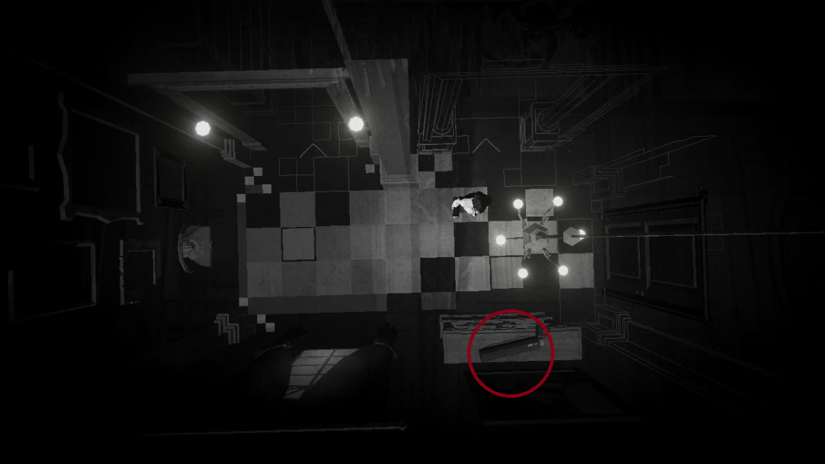 Imagen de una habitación oscura con el círculo del tubo de documentos del segundo piso en Lorelei y los ojos láser.