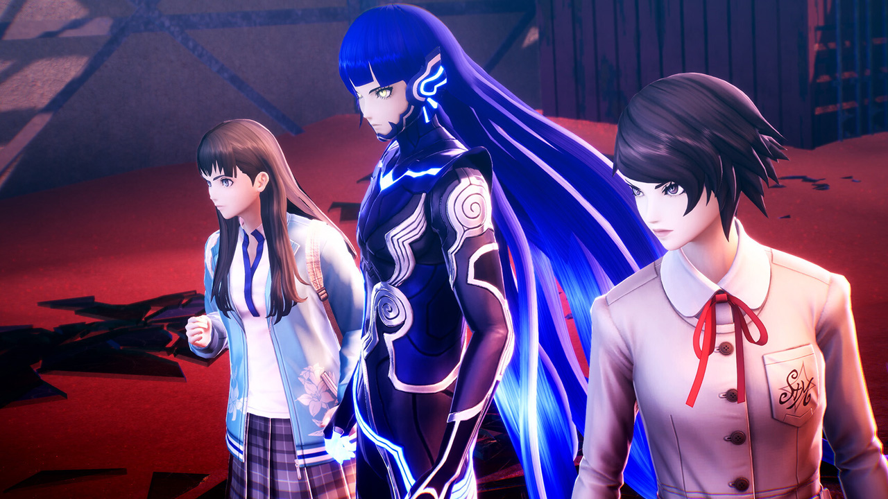 Shin Megami Tensei V: Vengeance, three characters standing, ready for action, in a red room.