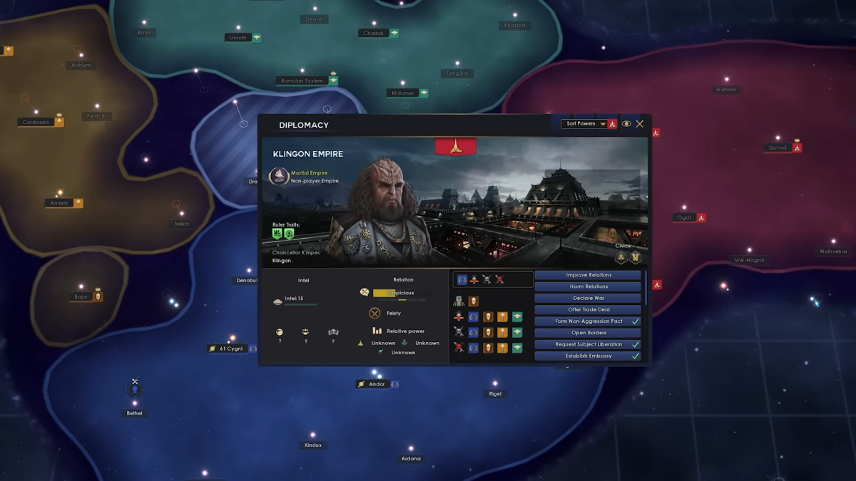 Image of a screenshot of the Paradox Interactive Star Trek: Infinite gameplay trailer, showing a Klingon and a diplomacy mission