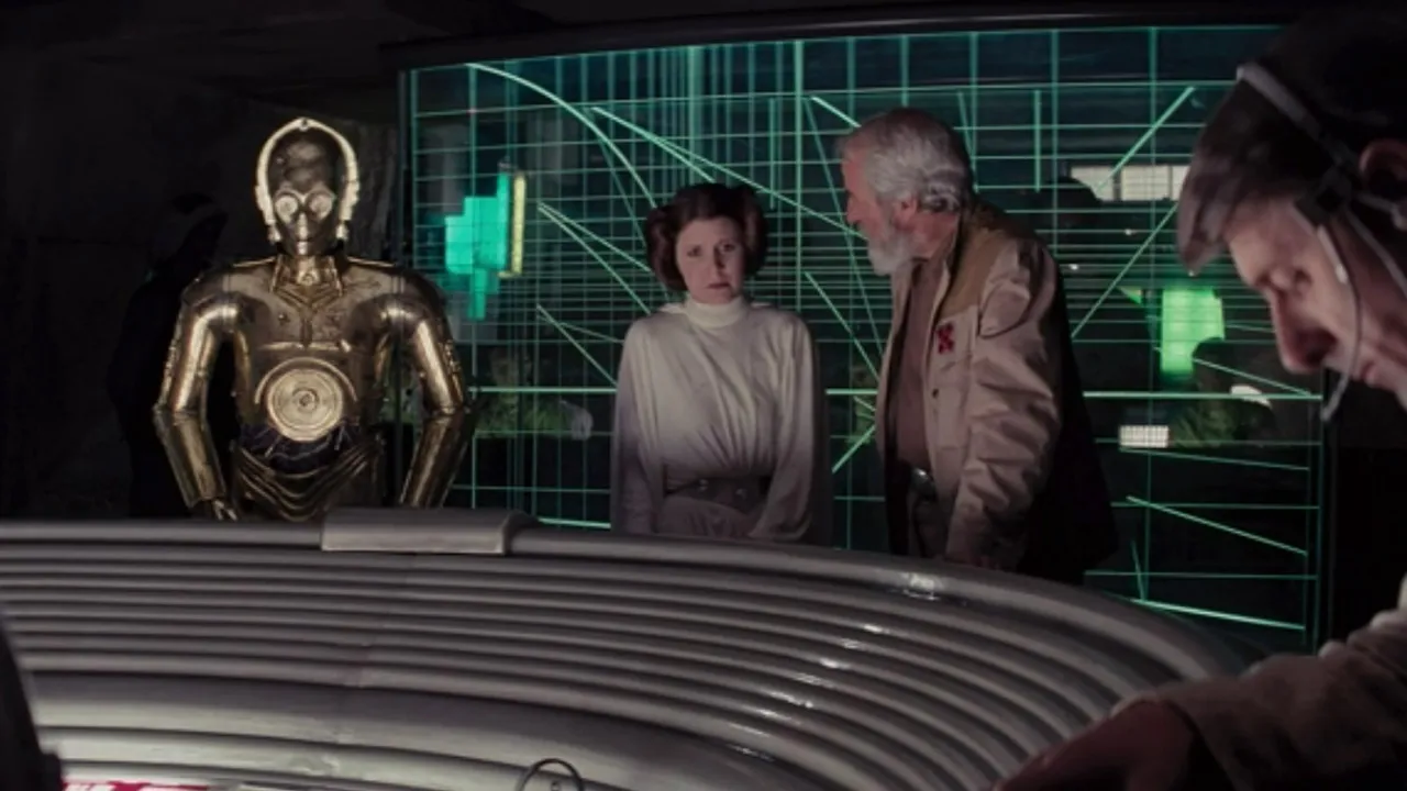 Princess Leia, C3PO and a Rebel General watching the attack on the Death Star in Star Wars A New Hope