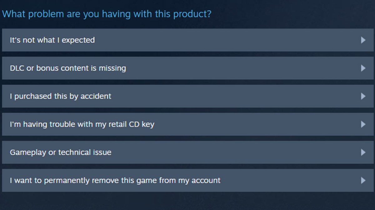 A box, with options asking the user why they want a refund for Helldivers 2. 