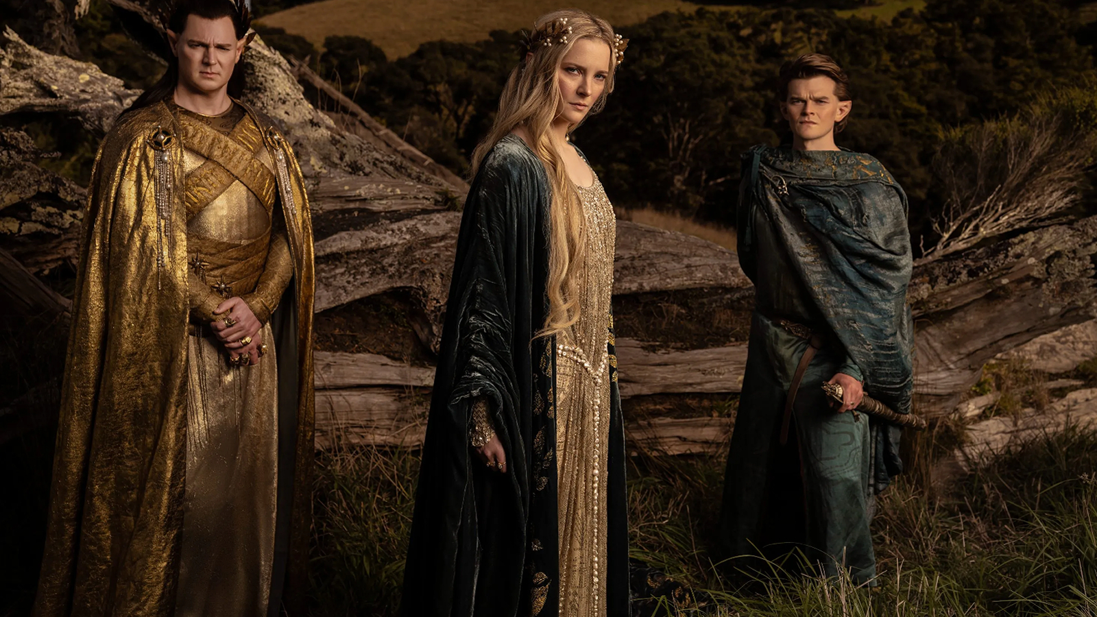 Gil-Galad, Galadriel, and Elrond in a Lord of the Rings: The Rings of Power promotional still