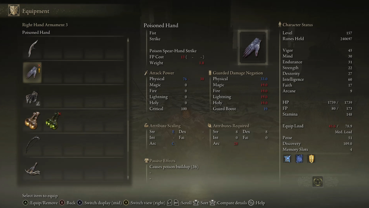 The Poisoned Hand's stats in Elden Ring shadow of the erdtree.