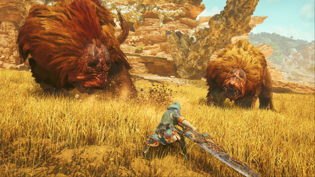 A hunter fighting off two Doshaguma in Monster Hunter Wilds