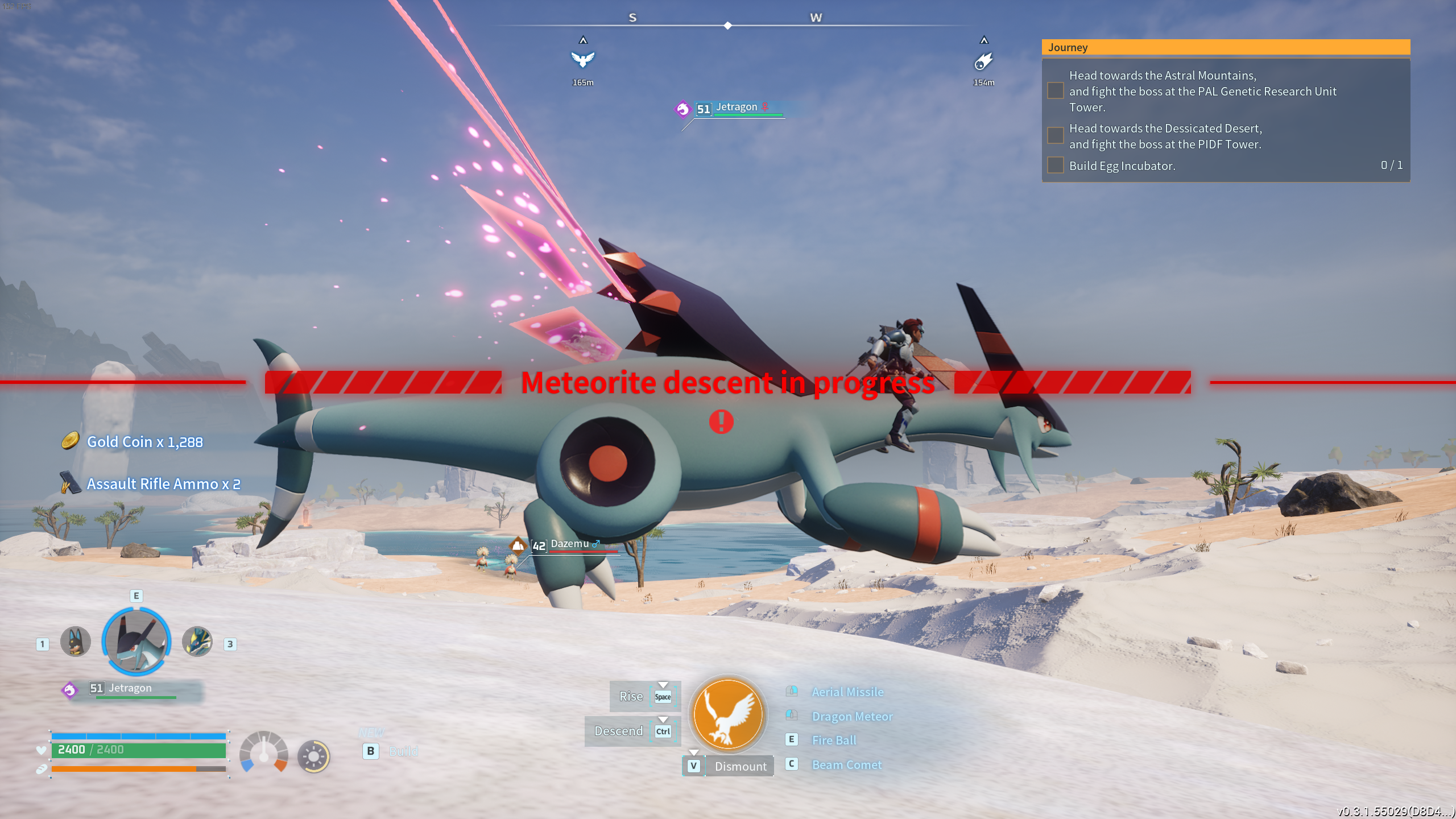 Image of player flying across the sky while a meteorite notification appears on screen in Palworld