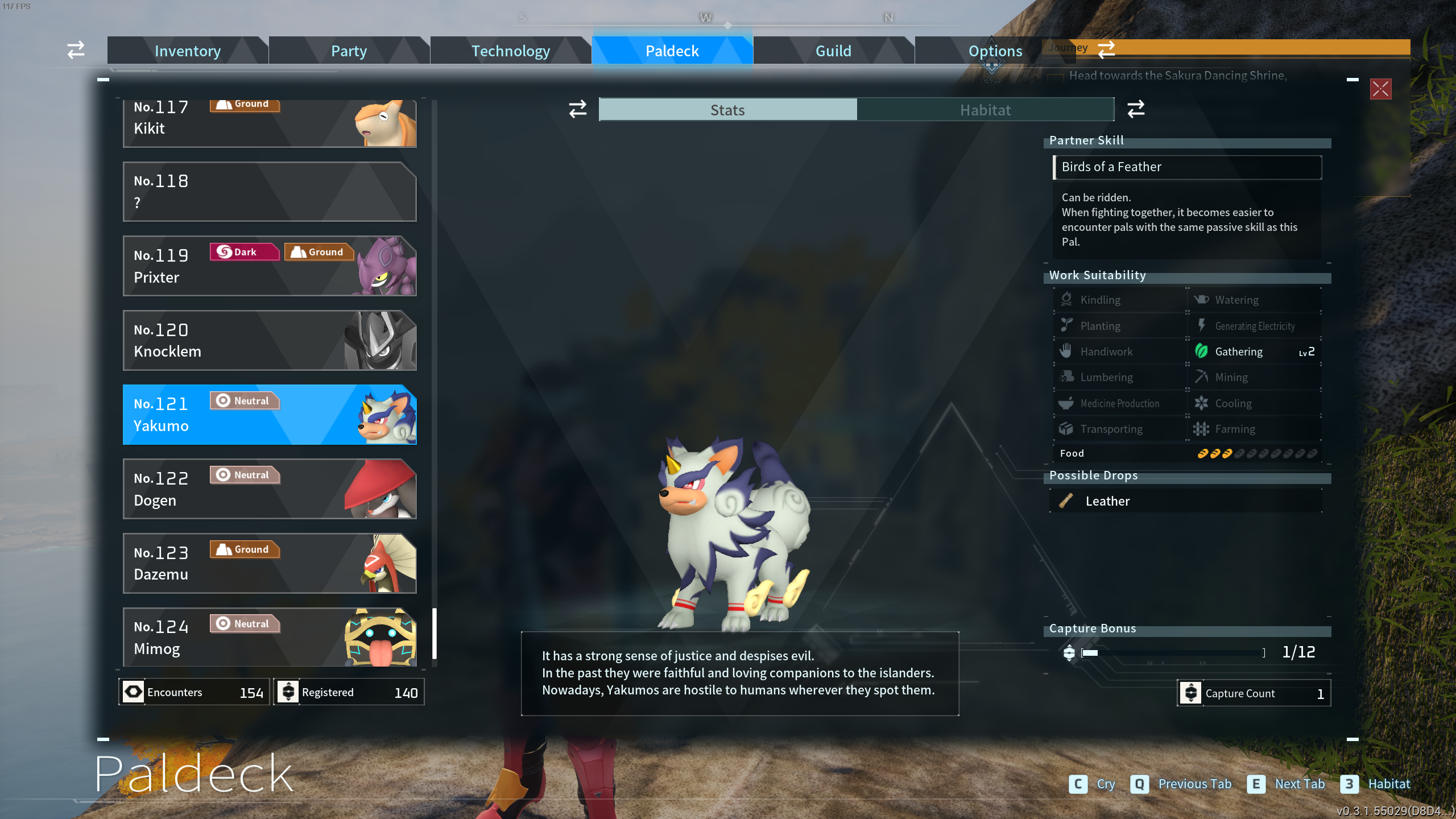 Image of Yakumo in the Paldeck in Palworld, with a descriptor about its work suit abilities and drops